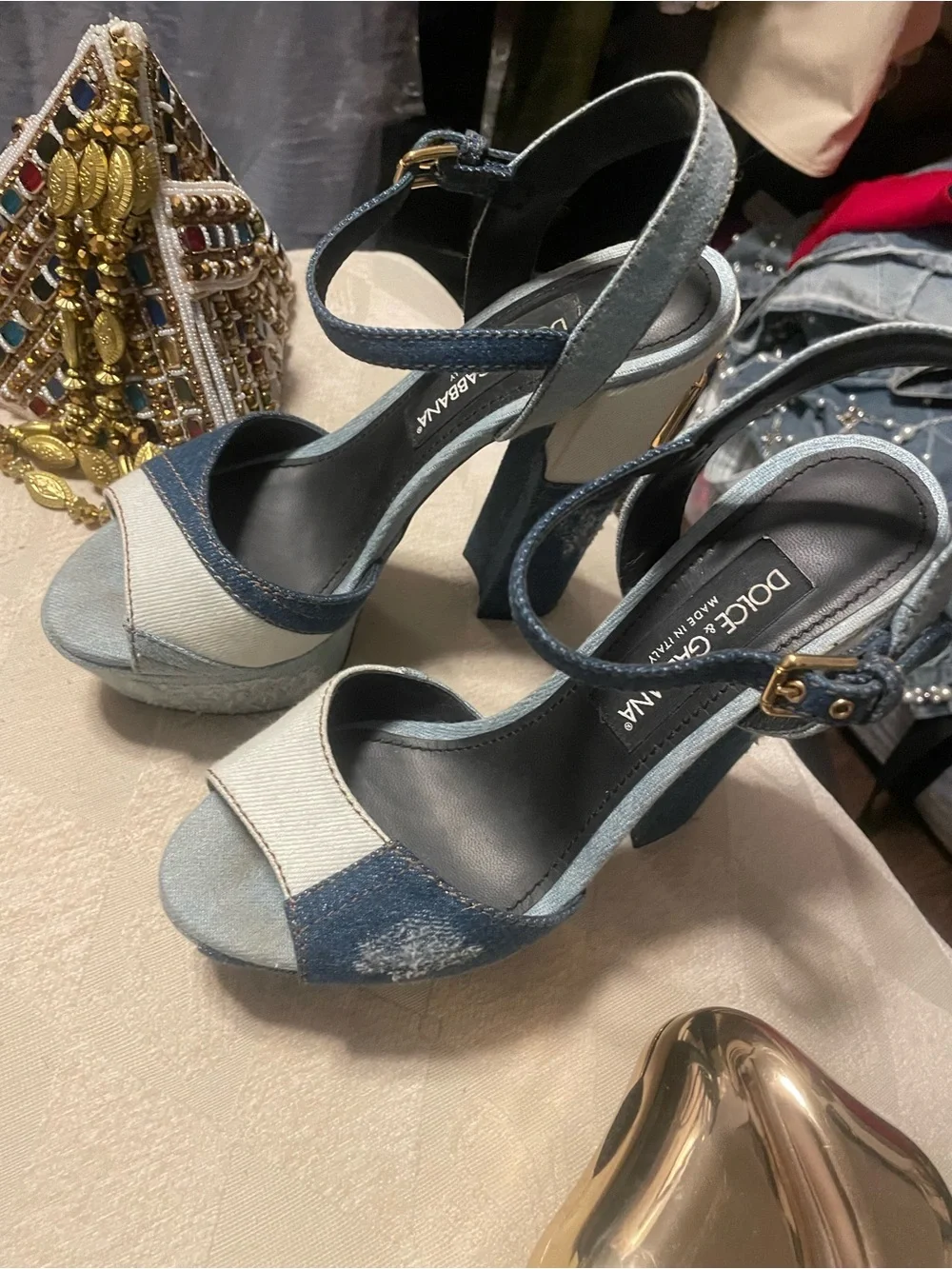 Dolce & Gabbana Two-Tone Denim Platform Sandals in Light and Dark Blue